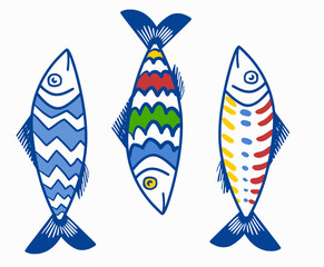 Colorful Painted Sardines with Unique Patterns in Tattoo Art Style