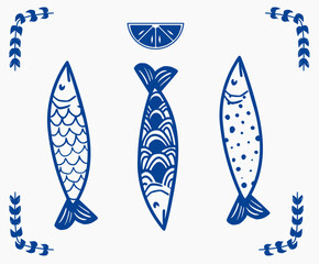 Patterned Sardines with Botanical Branches in Folk Engraving Style