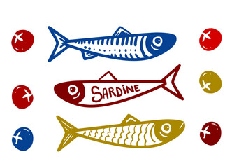 Bold Sardine Illustration Set with Typography in Vintage Tattoo Style