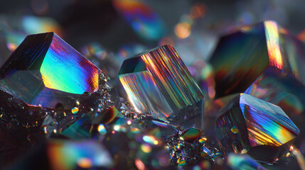 A close-up photograph capturing the iridescent luster of pyrite crystals