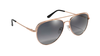Rose-gold aviator sunglasses on a black background. Angled perspective