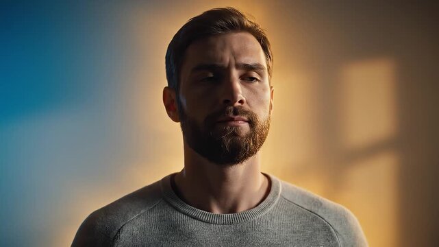 Contemplative Man in Ramadhan Gaze, Introspective Mood with Window Shadow and Soft Lighting