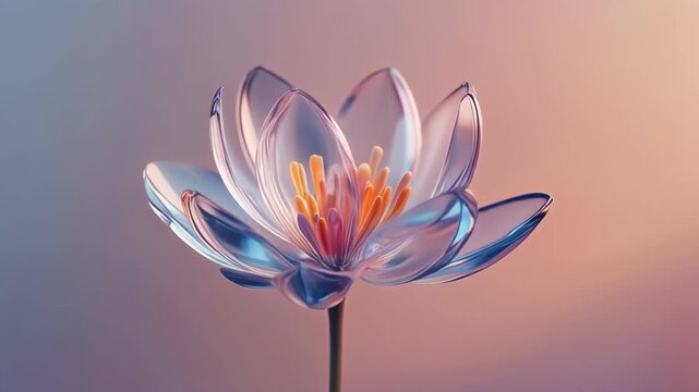  &ldquo;A single blooming flower made of transparent glass petals, soft pastel background, 