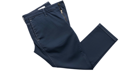 Folded men's dark blue casual pants with zipper and button closure on a transparent background