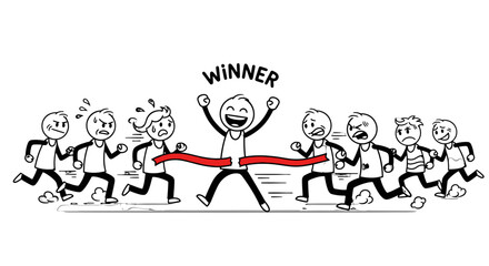 Cartoon illustration of a runner crossing the finish line first.