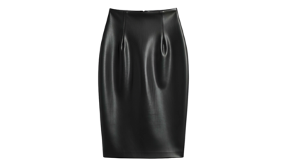 A sleek, black, knee-length pencil skirt, digitally rendered against a dark backdrop