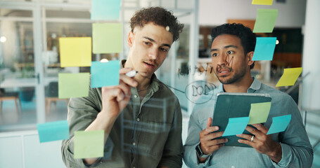 Writing, tablet and business men in meeting for brainstorming, planning or project agenda. Creative...