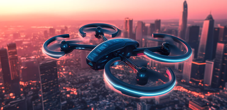 Futuristic Drone Above City Skyline
