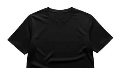 A close-up shot of a plain black t-shirt against a dark background, centered