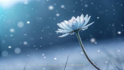 A single impossibly delicate bloom of crystallized frost on a white flower with soft blue background and falling ice particles