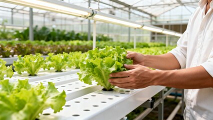 Close-up of hydroponic lettuce plants growing in white troughs, with person inspecting vibrant leaves in bright greenhouse