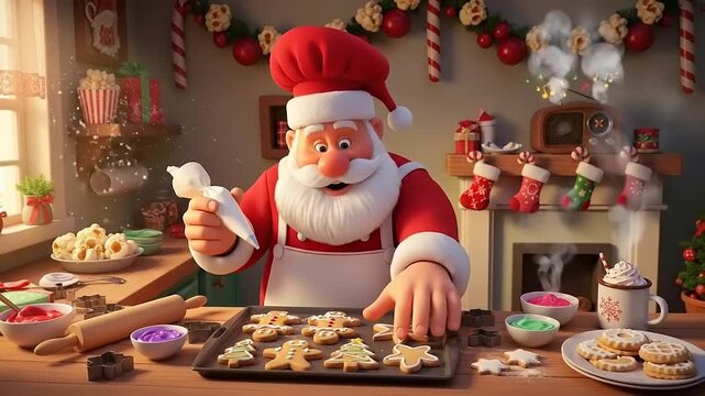 Santa Claus Decorating Christmas Cookies in a Festive Kitchen.