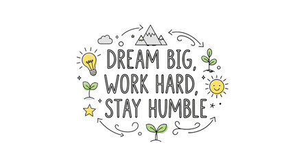 Inspirational quote with motivational message and doodle elements.