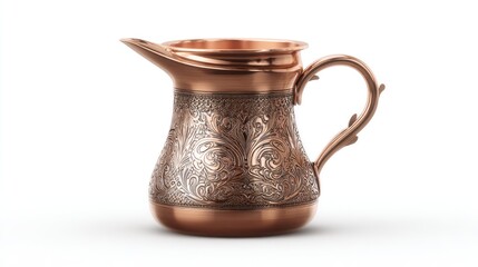 Ornate copper pitcher with scrolled handle and etched floral design on white background
