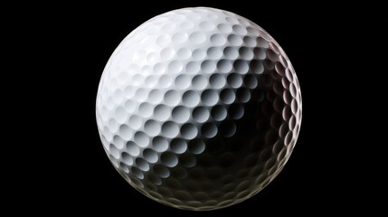 A close-up image of a white dimpled sphere, half brightly lit and the other half shrouded in shadow, against a solid black background