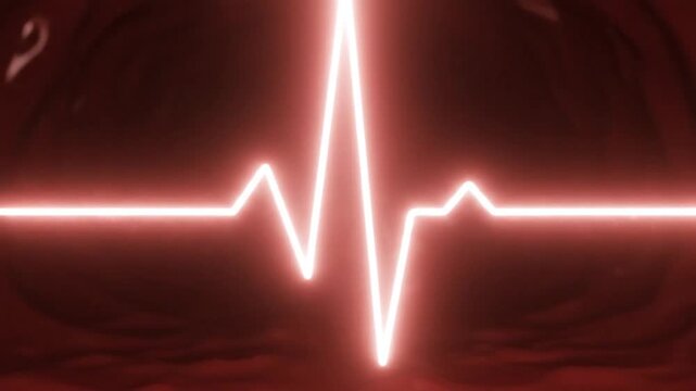 Glowing red electrocardiogram line against a blurred, dark red background