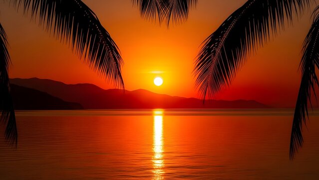 Warm summer sunset by the ocean with palm trees silhouetted against vibrant orange sky - Powered by Adobe