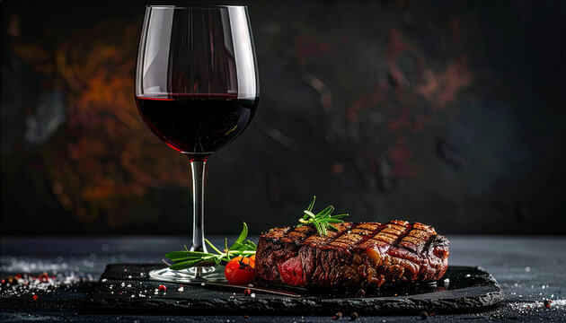 Grilled steak with red wine glass on dark table, luxury dining mood. Premium beef steak and wine pairing for restaurant menu banner design. Elegant steak dinner still life with wine, gourmet advertisi