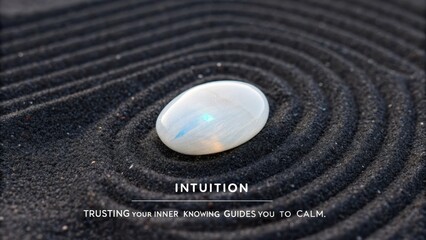 A smooth polished moonstone with shimmering blue and white light resting on a black sand background