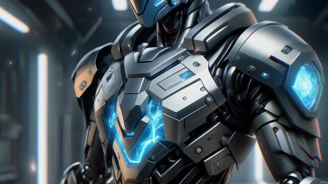&ldquo;Advanced titanium mech armor panel, silver circuits, crystal energy veins glowing blue, 