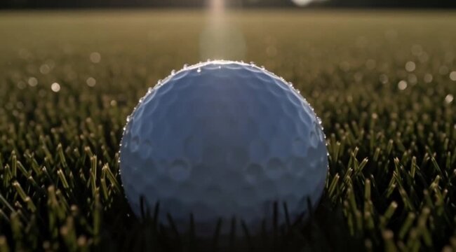 Close-up macro shot of a golf ball resting on manicured green grass with sunlight filtering through