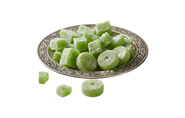 A mix of green rock candy treats on a silver plate for the traditional sweet and feast festival, known as bayram in Turkish.