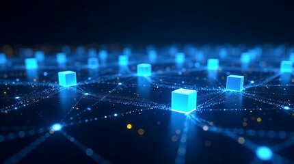 Abstract digital network of glowing blue cubes connected by light trails on a dark background