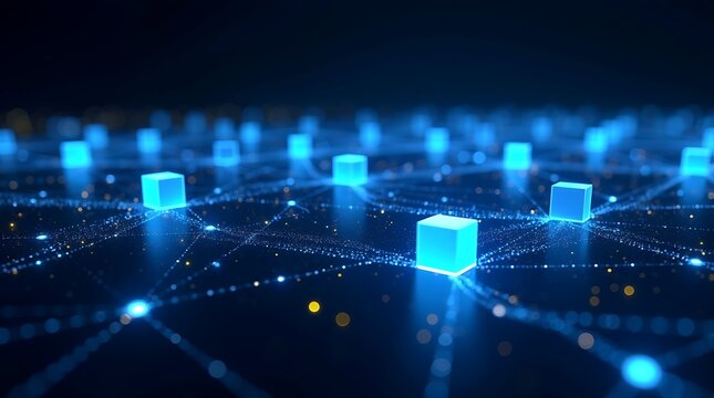 Abstract digital network of glowing blue cubes connected by light trails on a dark background