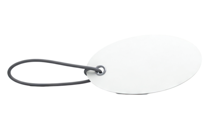 Oval tag with dark gray cord and metal grommet