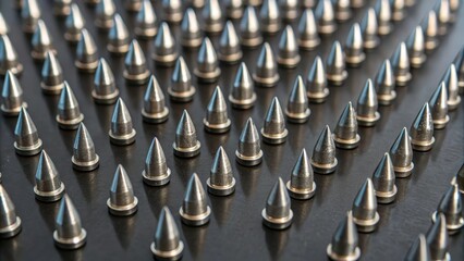 Dense arrangement of sharp metallic points clustered on a dark surface