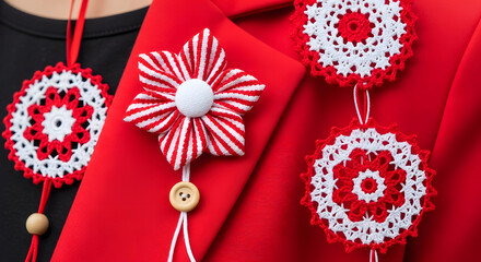 Red and white handmade crafts including crochet lace ornaments and a fabric flower pin