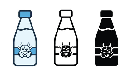 Three cartoon milk bottles with cow faces in different colors and styles