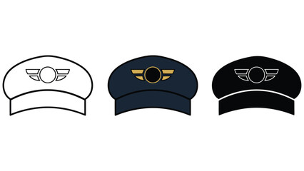 Fototapeta premium Three different colored pilot hats with wing logos on a white background