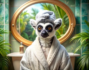 Fototapeta premium A lemur in a bathrobe and towel on its head stands in front of a bathroom mirror