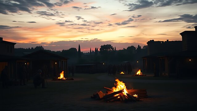garrison. Ancient Roman military camp at dusk with soldiers by campfires. event programs, museum guides, designed for cultural heritage projects and event programs, preserves heritage.