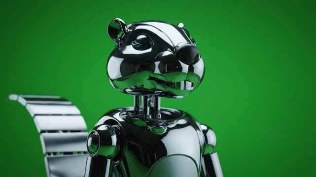 A gleaming chrome robot with bright blue eyes resembles a squirrel, set against a green backdrop