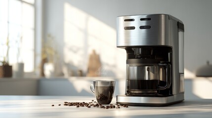 Stainless coffeemaker with brewed coffee, beans, and cup on a bright white countertop near window
