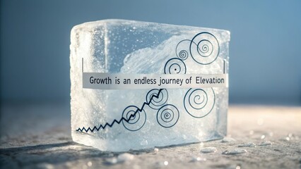 Ice block with the inscription "Growth is an endless journey of Elevation" and upward trending spirals