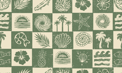 Hand Drawn Seamless Seashell Pattern – Boho Coastal Starfish and Shell Line Art Design in green  Beach, Ocean, and Summer vector illustration.summer beach t-shirt print.sound of the sea.beach party © HOT CHILI