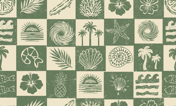 Hand Drawn Seamless Seashell Pattern &ndash; Boho Coastal Starfish and Shell Line Art Design in green  Beach, Ocean, and Summer vector illustration.summer beach t-shirt print.sound of the sea.beach party