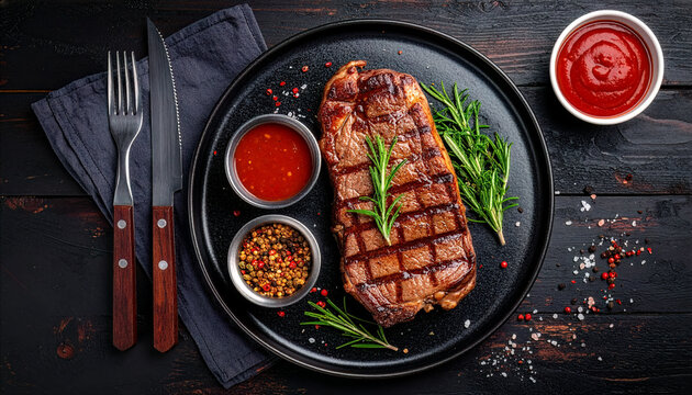 Grilled steak flatlay with dipping sauces, menu banner template. Steakhouse overhead plate with spices and rosemary on dark table. Premium beef steak dinner top view for restaurant advertising