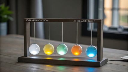 Five illuminated glass spheres in a kinetic pendulum display, representing overarching vision and actionable insight