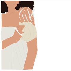 woman rubbing body. Woman washing her body, using sponge with foaming soap. 
