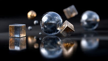 Geometric Shapes on Reflective Surface: An intriguing arrangement of geometric shapes, including spheres and cubes, hovers above a sleek, reflective surface.