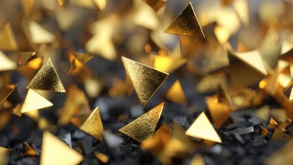 Golden Fragments: Glimmering golden pyramids cascade across a textured backdrop, casting a spell of luxury and sophistication with a mesmerizing interplay of light and shadow.