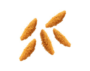 Delicious crispy fried chicken strips on a plain white background
