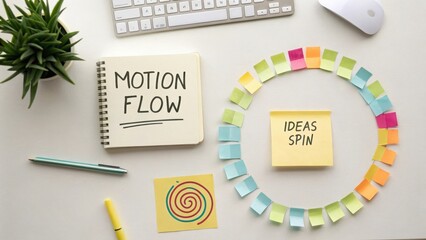 Workspace flat lay showing 'Motion Flow' notebook and colorful sticky notes in a spiral formation, representing creative brainstorming and idea generation.