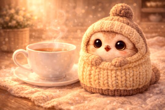Cute Knitted Baby Bird in Beanie Next to Steaming Tea Cup