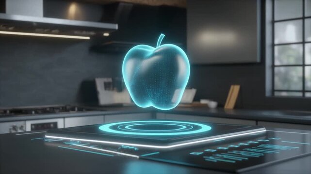 Futuristic kitchen with holographic apple projection above sleek surface, glowing blue tech ambiance
