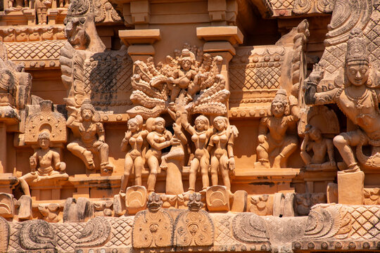 Sculpture of Kailnga mardana by Sri krishna at Brihadeeshwara Temple in Tanjavur, Tamilnadu, India, 